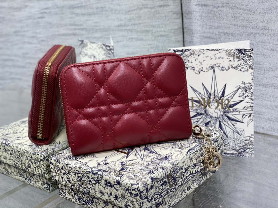 Dior S0011 Lady Dior Zipper Card Holder Medium Wine Red Cannage Lambskin - Default Title - View 1