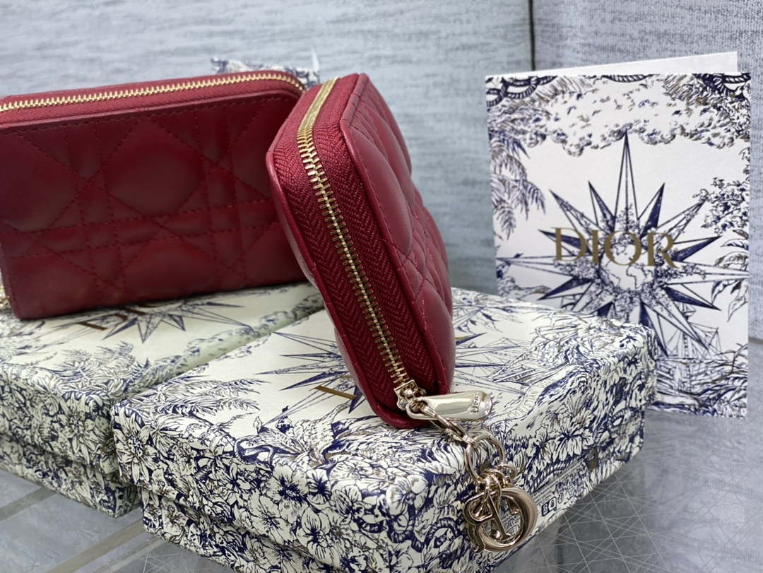 Dior S0011 Lady Dior Zipper Card Holder Medium Wine Red Cannage Lambskin - Default Title - View 3