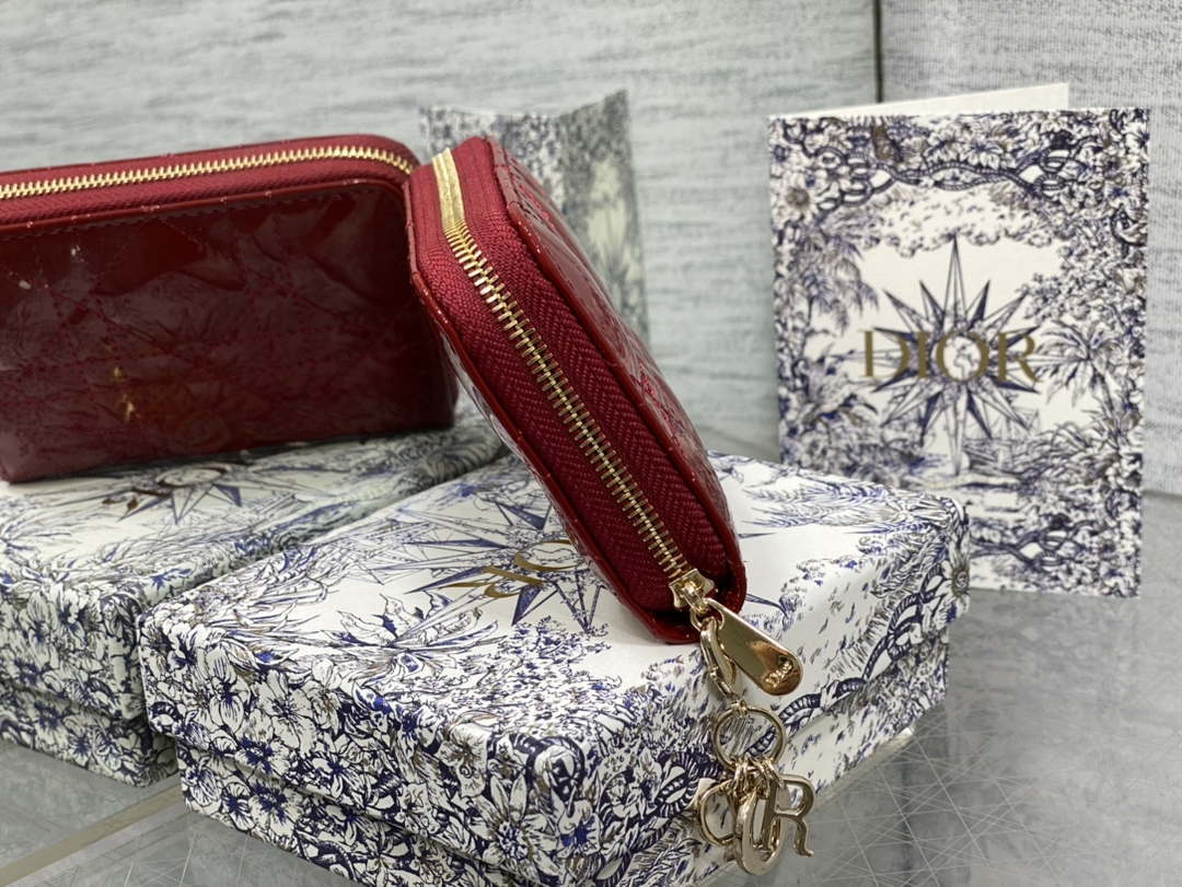 Dior S0011 Lady Dior Zipper Card Holder Medium Wine Red patent leather Lambskin - Default Title - View 3