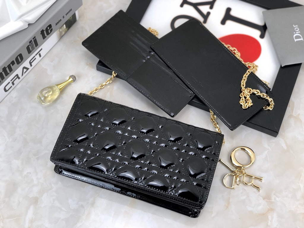 Dior S0204 Lady Dior Pouch Patent Cannage Calfskin Black