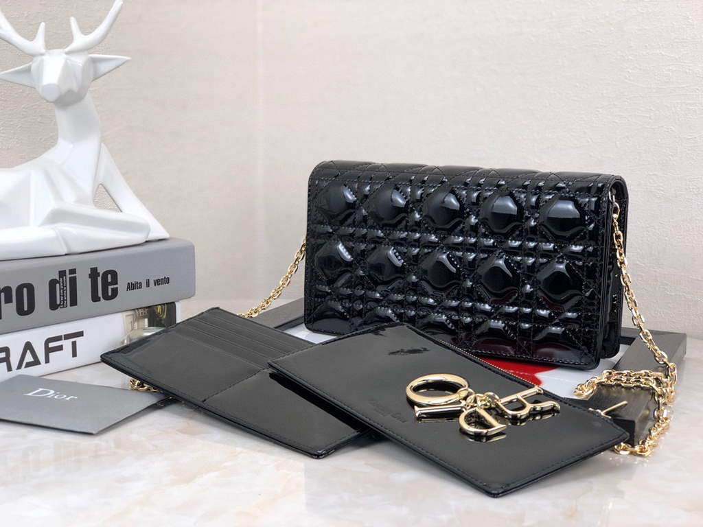 Dior S0204 Lady Dior Pouch Patent Cannage Calfskin Black