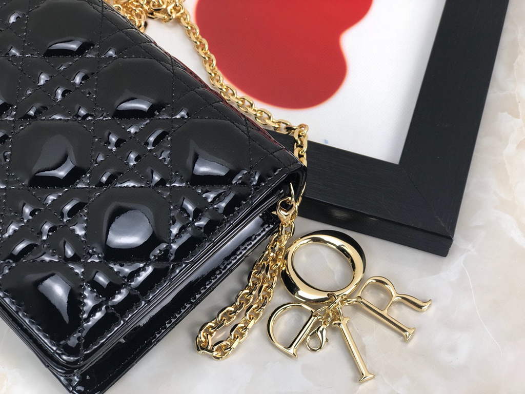 Dior S0204 Lady Dior Pouch Patent Cannage Calfskin Black