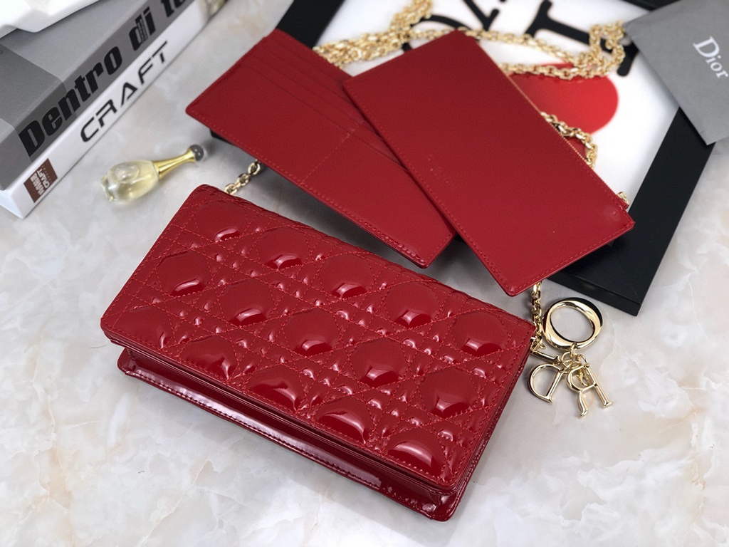 Dior S0204 Lady Dior Pouch Patent Cannage Calfskin Red