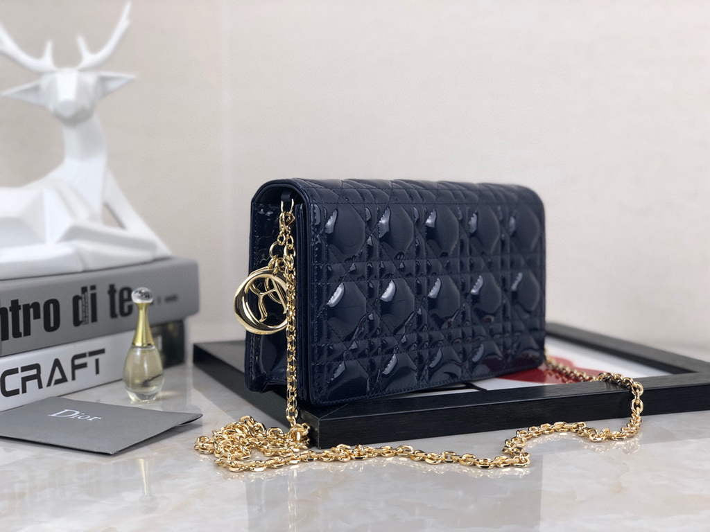 Dior S0204 Lady Dior Pouch Patent Cannage Calfskin Navy Blue