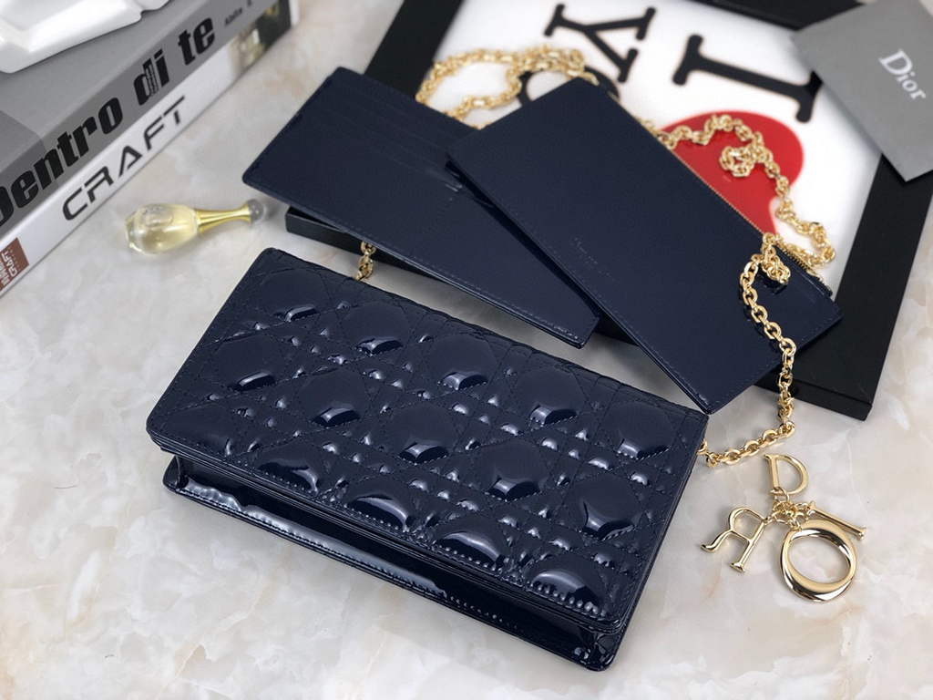 Dior S0204 Lady Dior Pouch Patent Cannage Calfskin Navy Blue