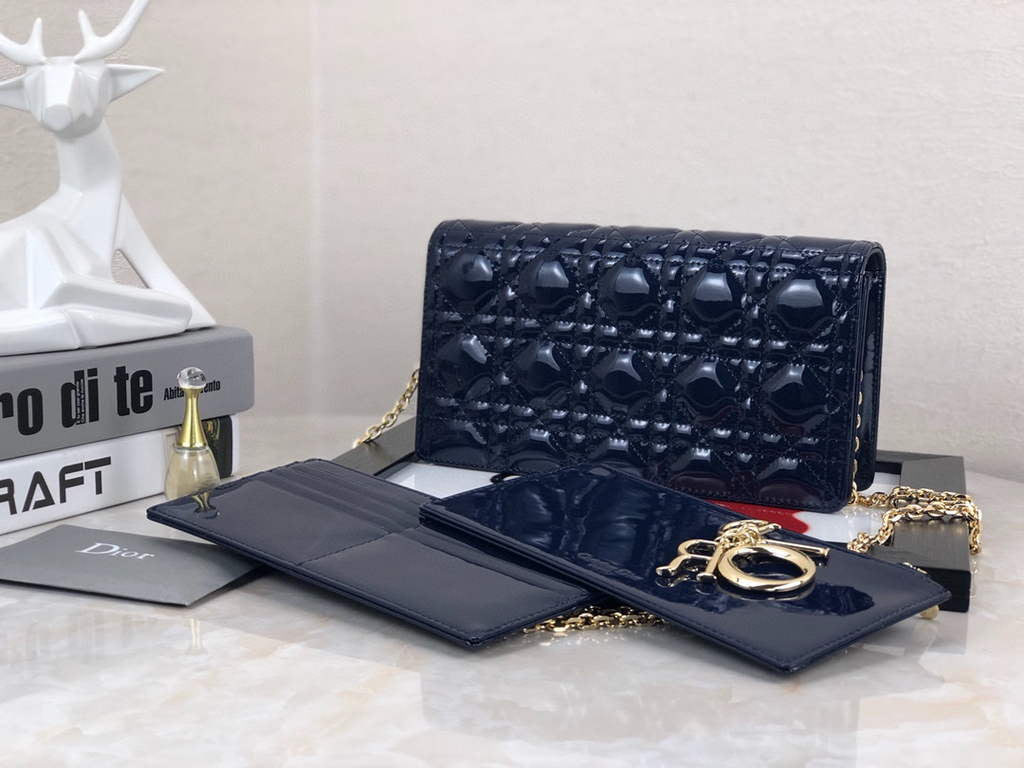 Dior S0204 Lady Dior Pouch Patent Cannage Calfskin Navy Blue