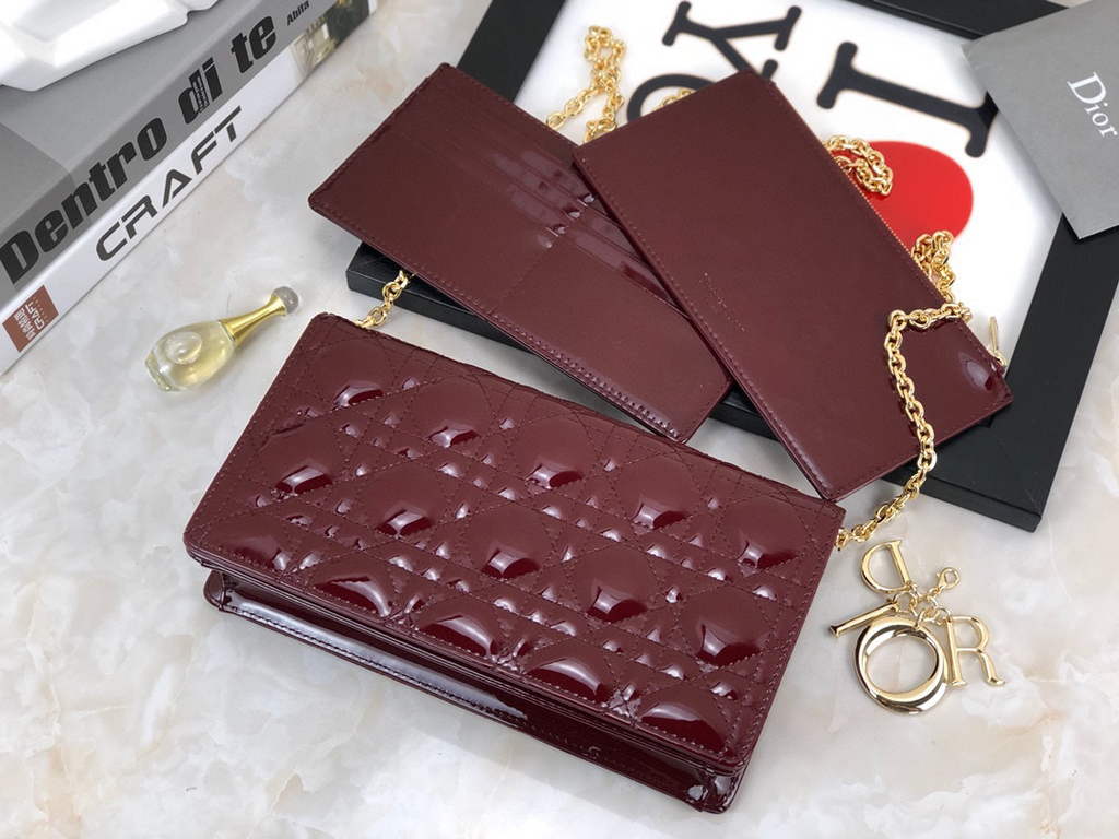 Dior S0204 Lady Dior Pouch Patent Cannage Calfskin Wine Red