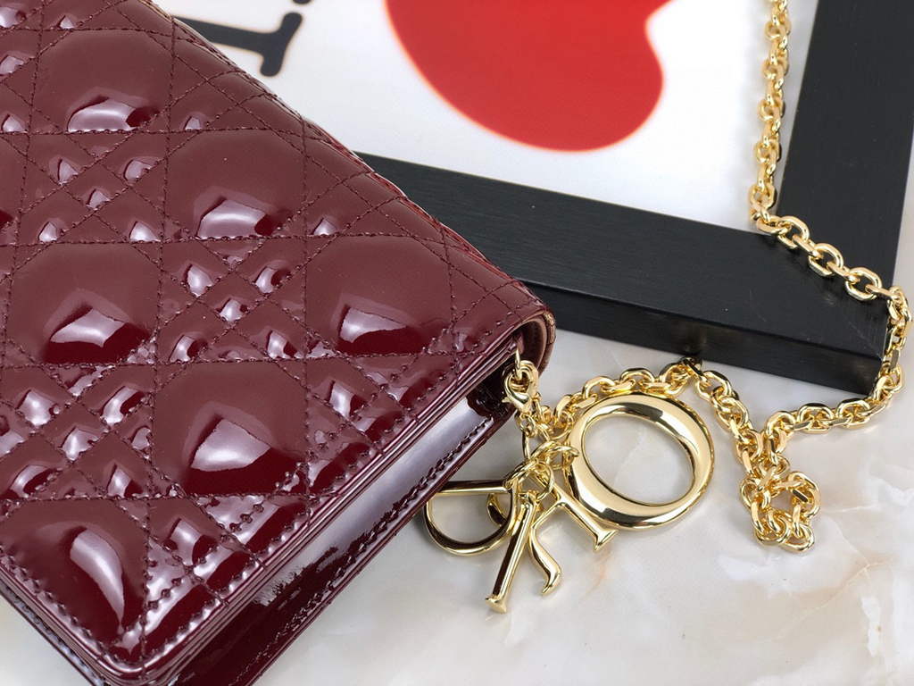 Dior S0204 Lady Dior Pouch Patent Cannage Calfskin Wine Red
