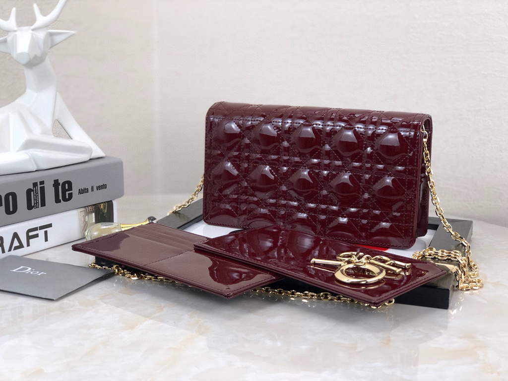 Dior S0204 Lady Dior Pouch Patent Cannage Calfskin Wine Red