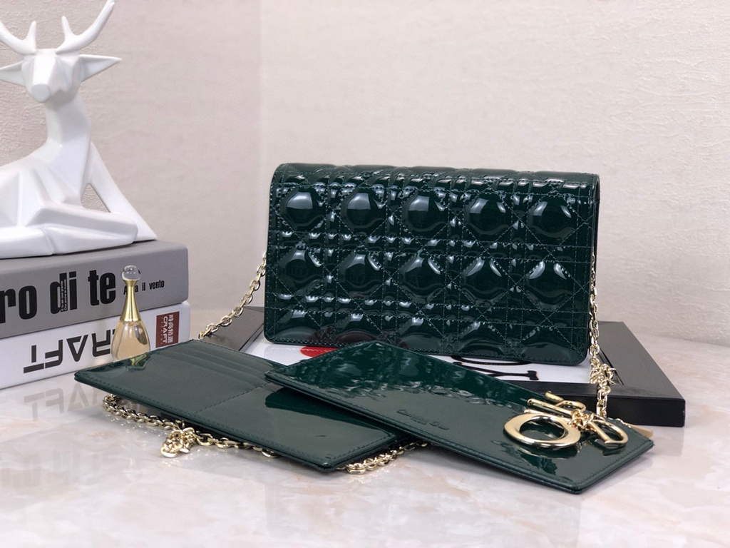 Dior S0204 Lady Dior Pouch Patent Cannage Calfskin Dark green
