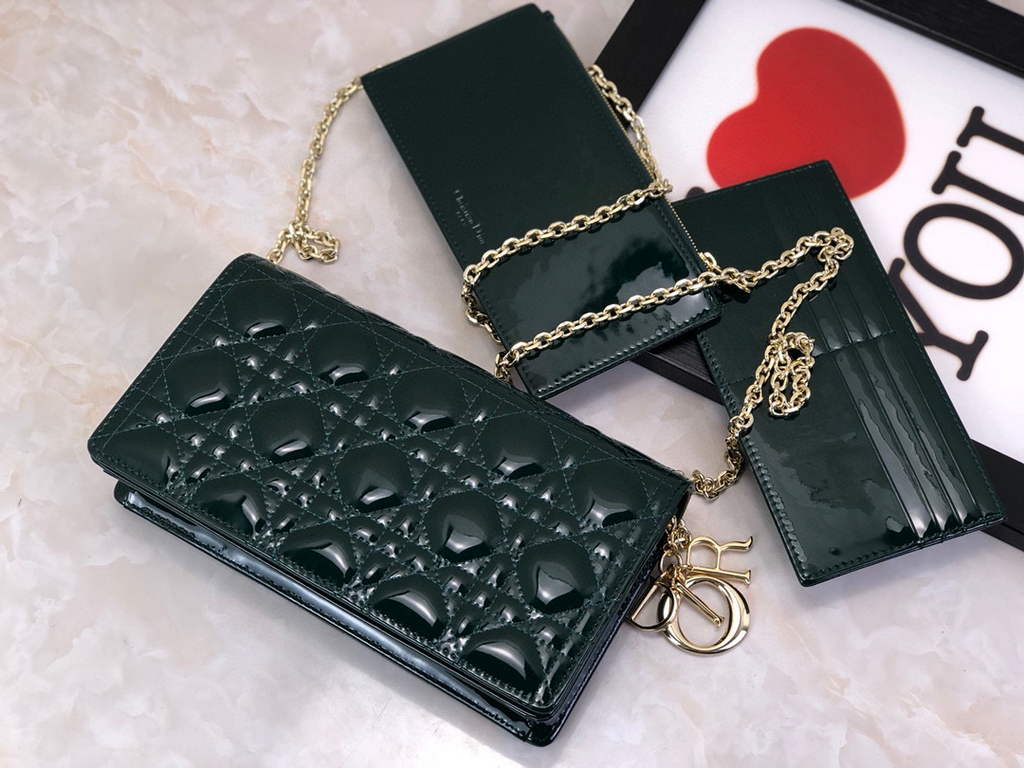 Dior S0204 Lady Dior Pouch Patent Cannage Calfskin Dark green