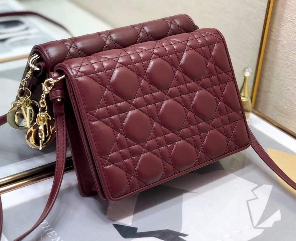 Dior S0855 Dior Lady Dior Pouchblack Ultramatte Cannage Calfskin Wine Red - Voguebags