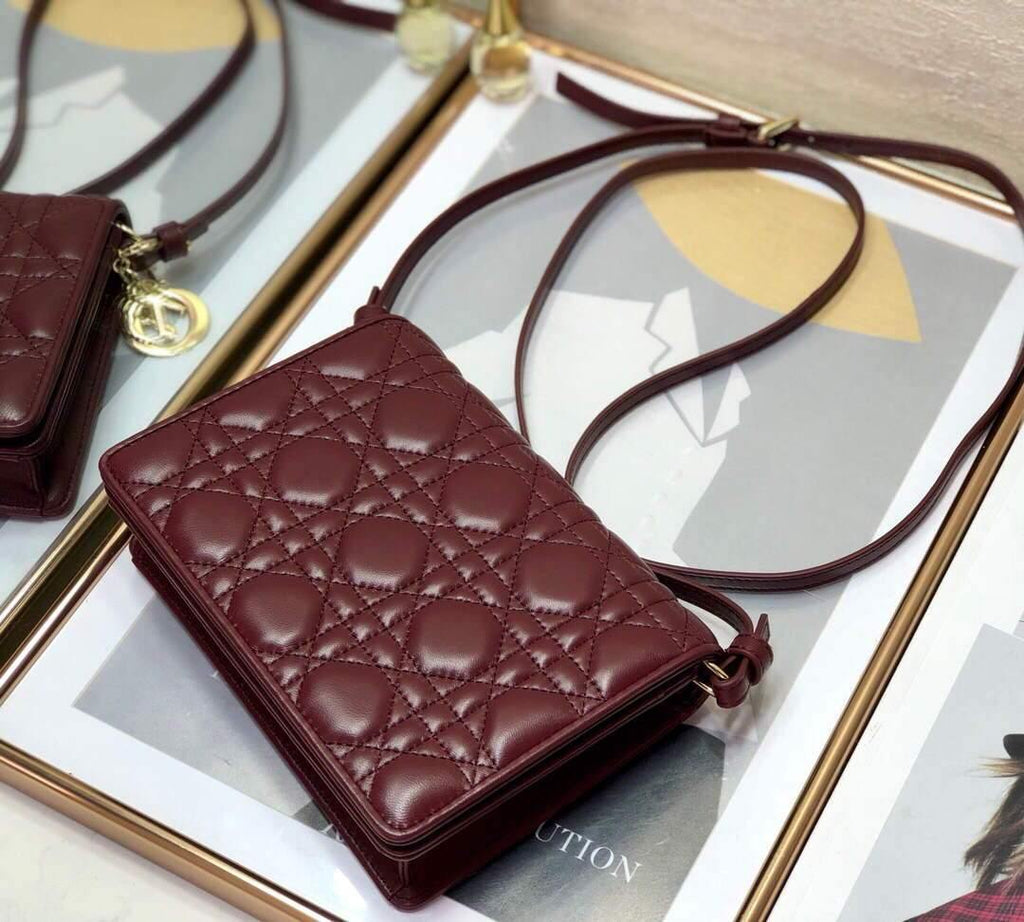 Dior S0855 Dior Lady Dior Pouchblack Ultramatte Cannage Calfskin Wine Red - Voguebags