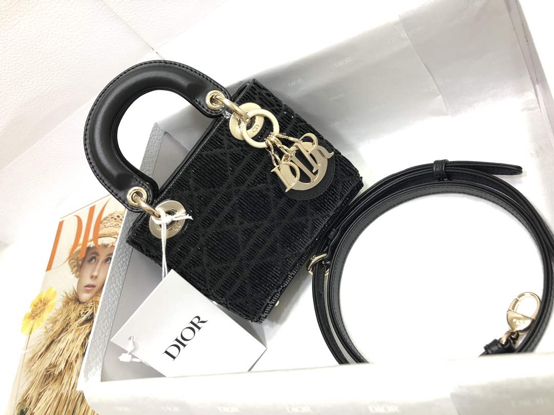Dior S0856 MICRO LADY DIOR BAG Horizon Black Metallic Cannage Lambskin Embroidered with Beads - Default Title - View 1