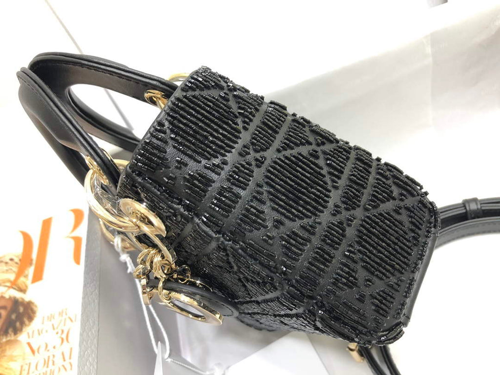 Dior S0856 MICRO LADY DIOR BAG Horizon Black Metallic Cannage Lambskin Embroidered with Beads