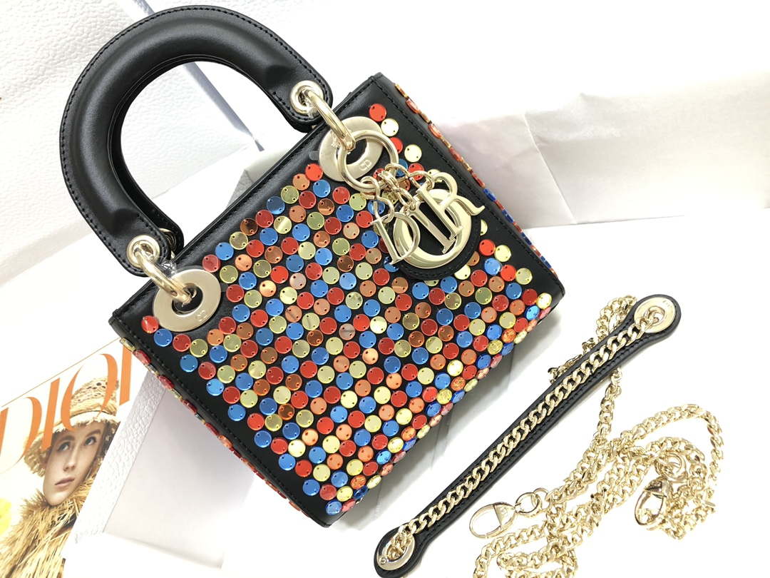 Dior S0856 Micro Lady Dior Bag Horizon Black Metallic Cannage Lambskin with multicolor embroidery sequins - Default Title - View 1