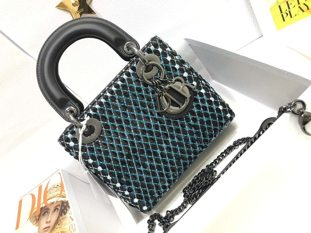 Dior S0856 Micro Lady Dior Bag Horizon Black Metallic Cannage Lambskin with Blue embroidery sequins - Default Title - View 1