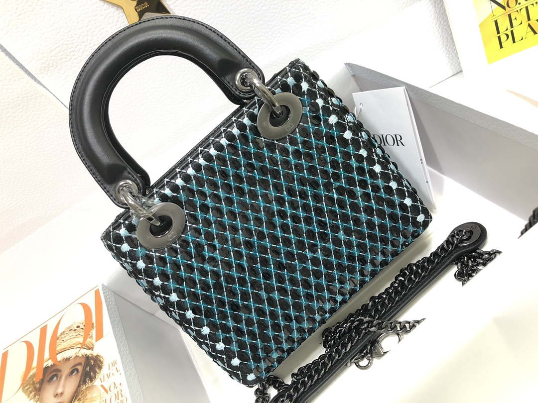 Dior S0856 Micro Lady Dior Bag Horizon Black Metallic Cannage Lambskin with Blue embroidery sequins
