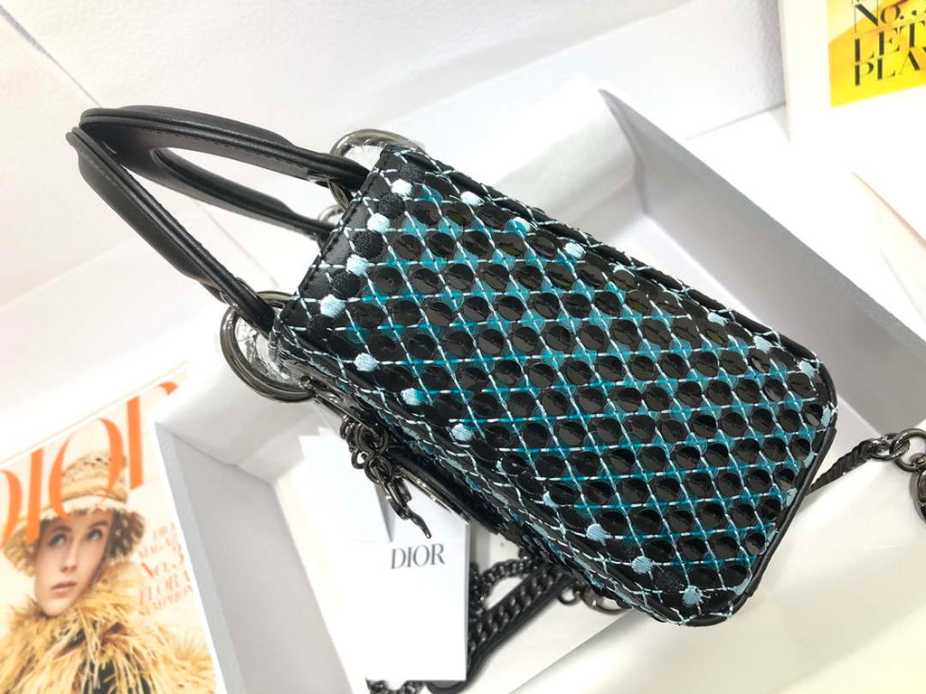 Dior S0856 Micro Lady Dior Bag Horizon Black Metallic Cannage Lambskin with Blue embroidery sequins