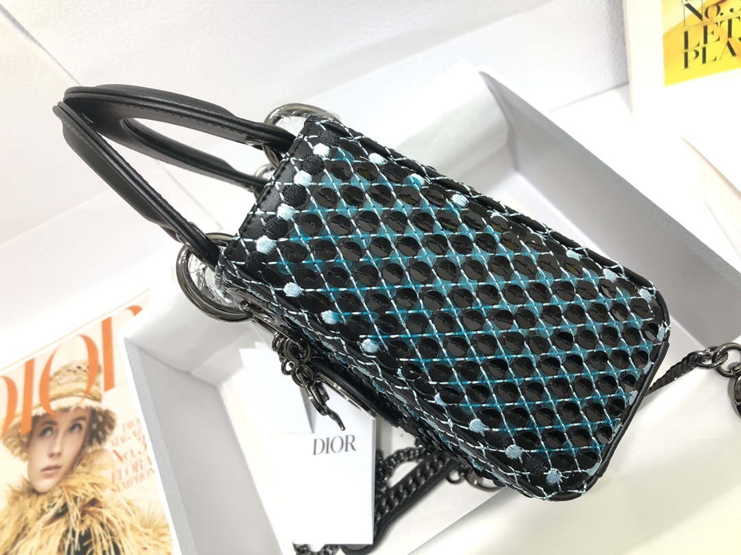 Dior S0856 Micro Lady Dior Bag Horizon Black Metallic Cannage Lambskin with Blue embroidery sequins - Default Title - View 3