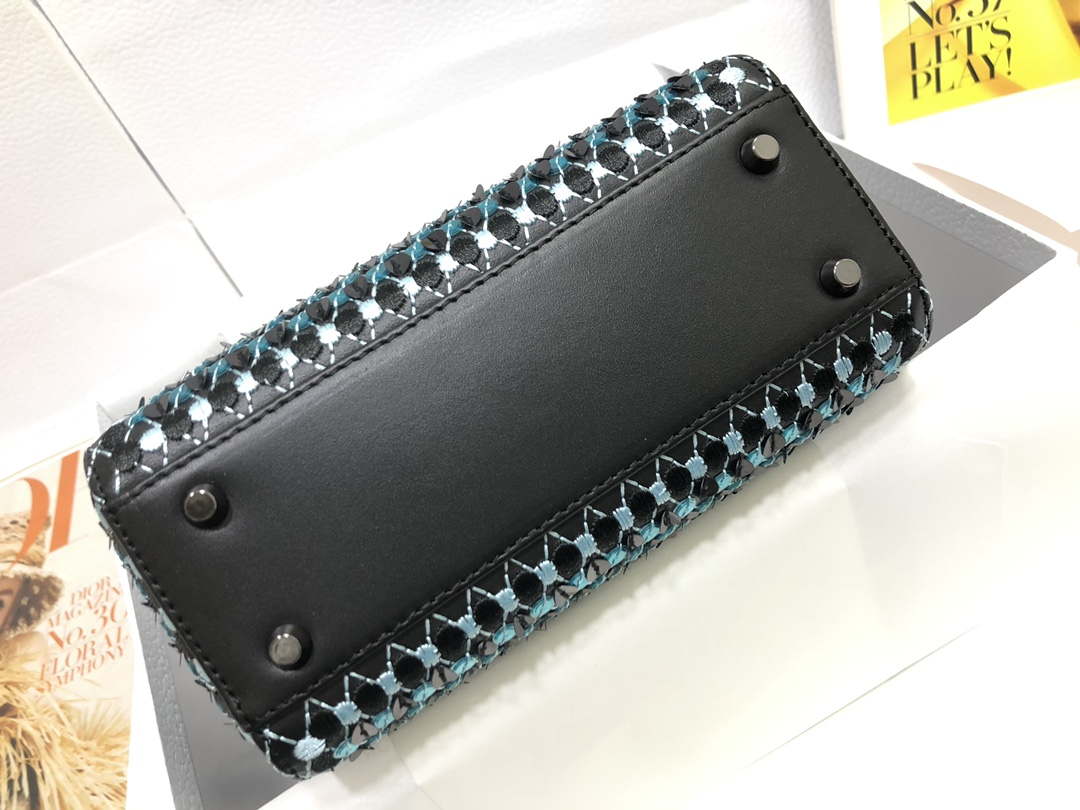 Dior S0856 Micro Lady Dior Bag Horizon Black Metallic Cannage Lambskin with Blue embroidery sequins - Default Title - View 4