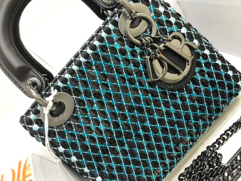 Dior S0856 Micro Lady Dior Bag Horizon Black Metallic Cannage Lambskin with Blue embroidery sequins