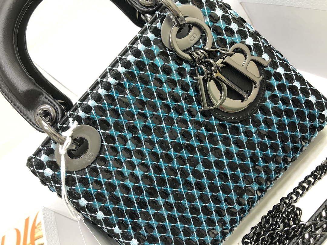 Dior S0856 Micro Lady Dior Bag Horizon Black Metallic Cannage Lambskin with Blue embroidery sequins