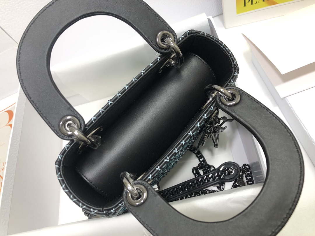 Dior S0856 Micro Lady Dior Bag Horizon Black Metallic Cannage Lambskin with Blue embroidery sequins - Default Title - View 7