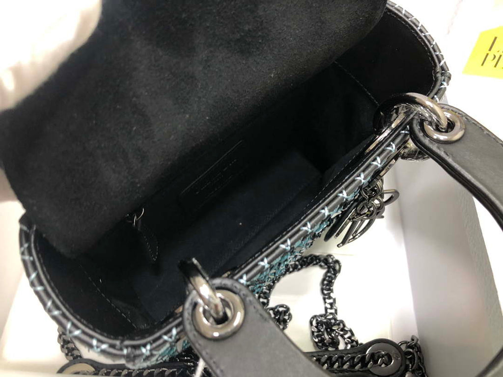 Dior S0856 Micro Lady Dior Bag Horizon Black Metallic Cannage Lambskin with Blue embroidery sequins