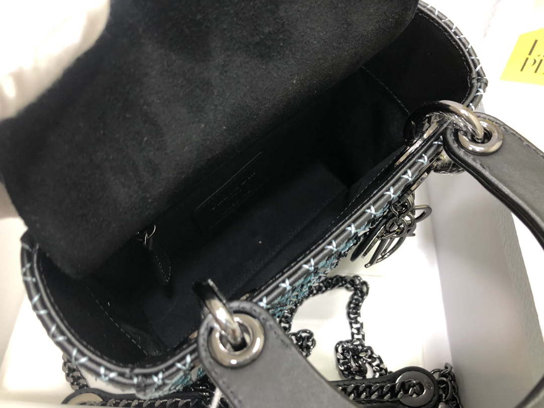 Dior S0856 Micro Lady Dior Bag Horizon Black Metallic Cannage Lambskin with Blue embroidery sequins
