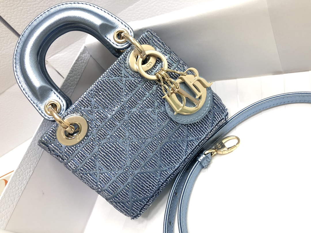 Dior S0856 MICRO LADY DIOR BAG Horizon Blue Metallic Cannage Lambskin Embroidered with Beads