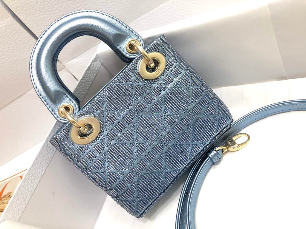 Dior S0856 MICRO LADY DIOR BAG Horizon Blue Metallic Cannage Lambskin Embroidered with Beads