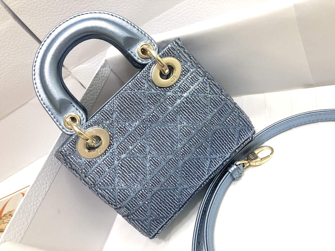 Dior S0856 MICRO LADY DIOR BAG Horizon Blue Metallic Cannage Lambskin Embroidered with Beads