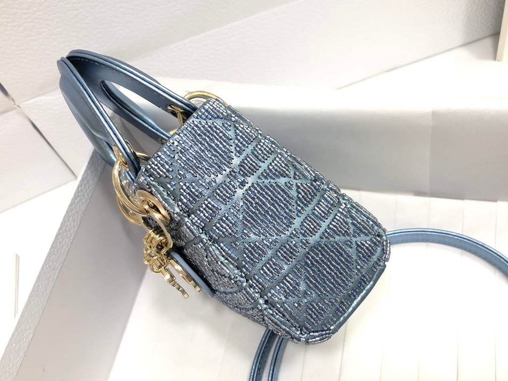 Dior S0856 MICRO LADY DIOR BAG Horizon Blue Metallic Cannage Lambskin Embroidered with Beads