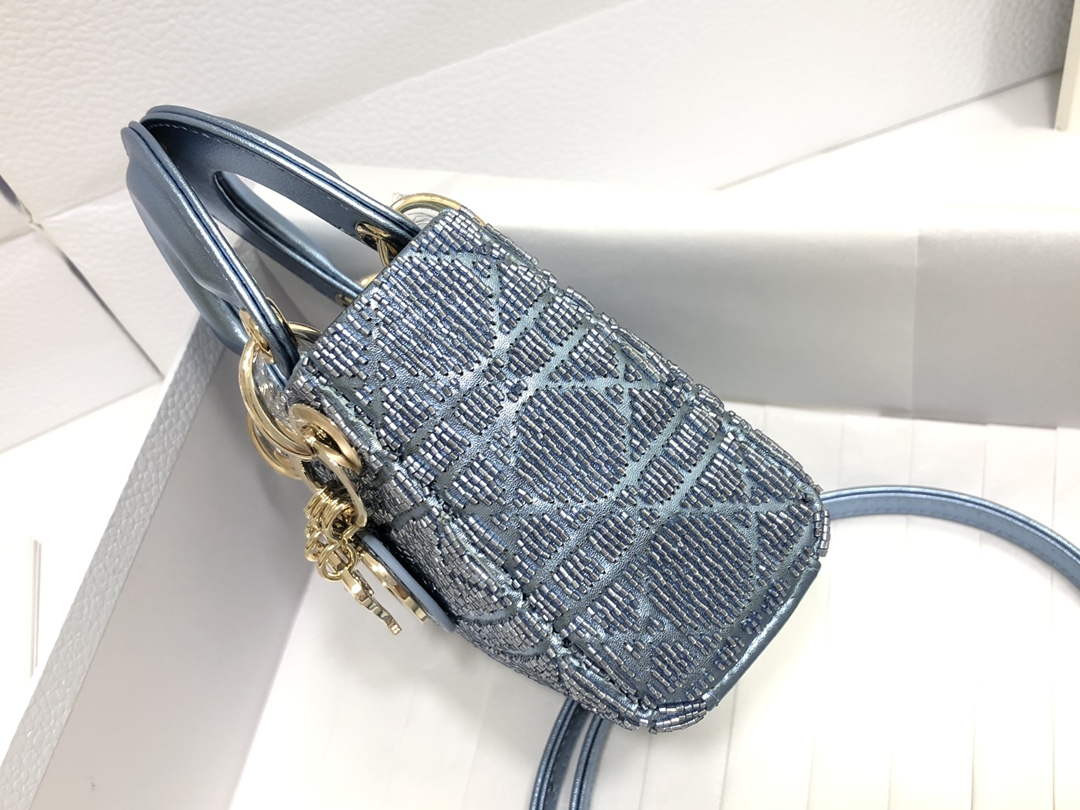 Dior S0856 MICRO LADY DIOR BAG Horizon Blue Metallic Cannage Lambskin Embroidered with Beads