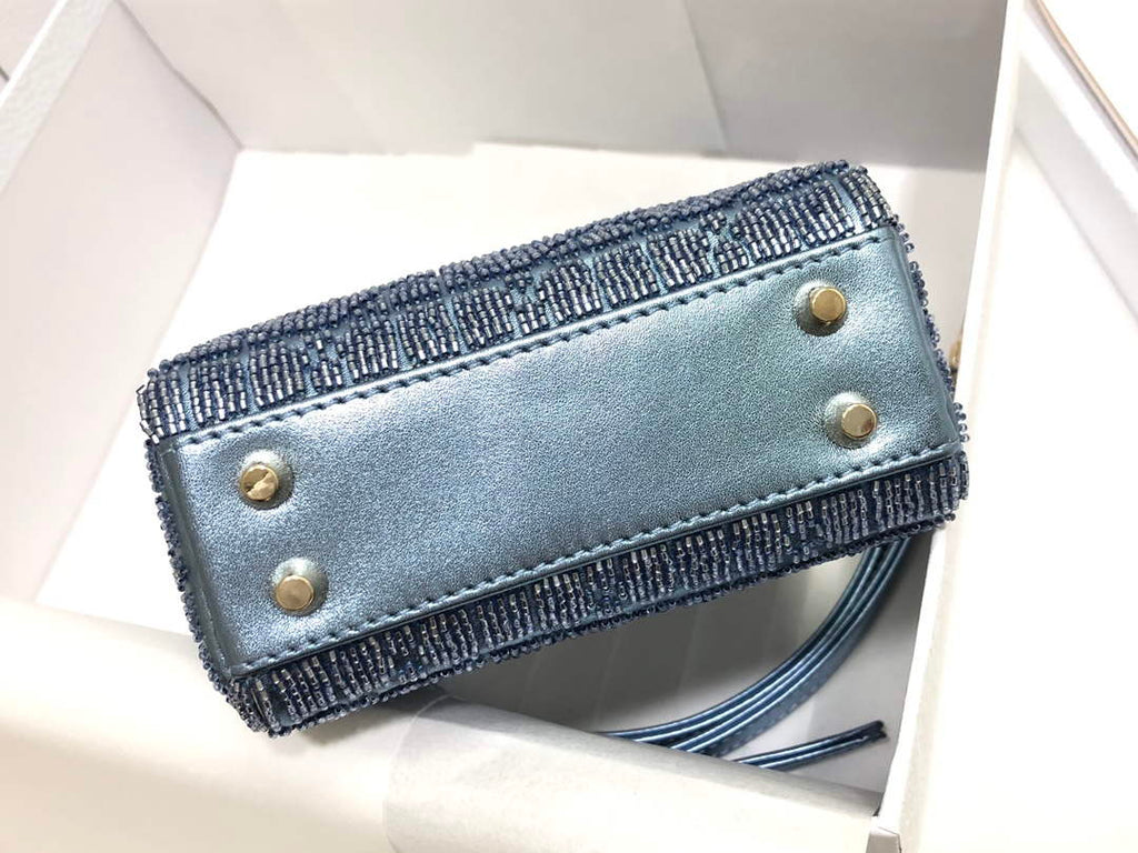 Dior S0856 MICRO LADY DIOR BAG Horizon Blue Metallic Cannage Lambskin Embroidered with Beads