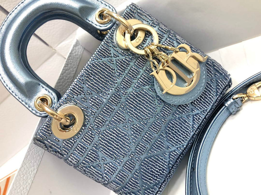 Dior S0856 MICRO LADY DIOR BAG Horizon Blue Metallic Cannage Lambskin Embroidered with Beads