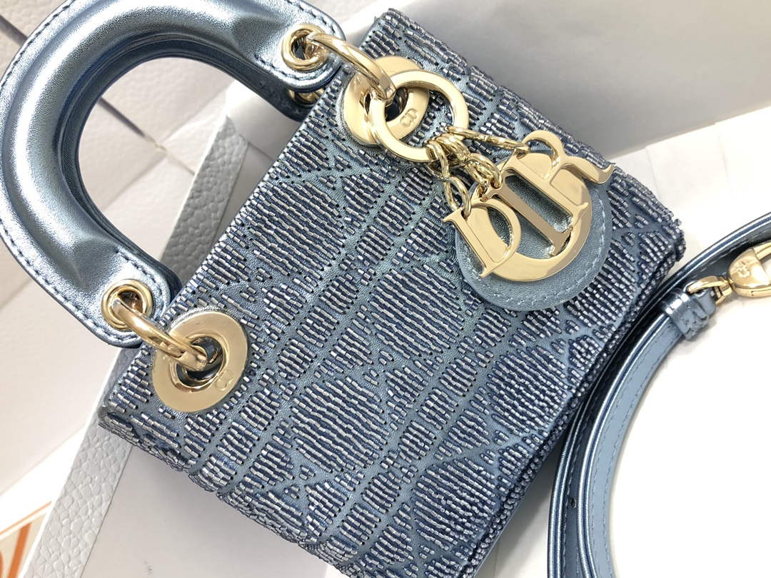 Dior S0856 MICRO LADY DIOR BAG Horizon Blue Metallic Cannage Lambskin Embroidered with Beads
