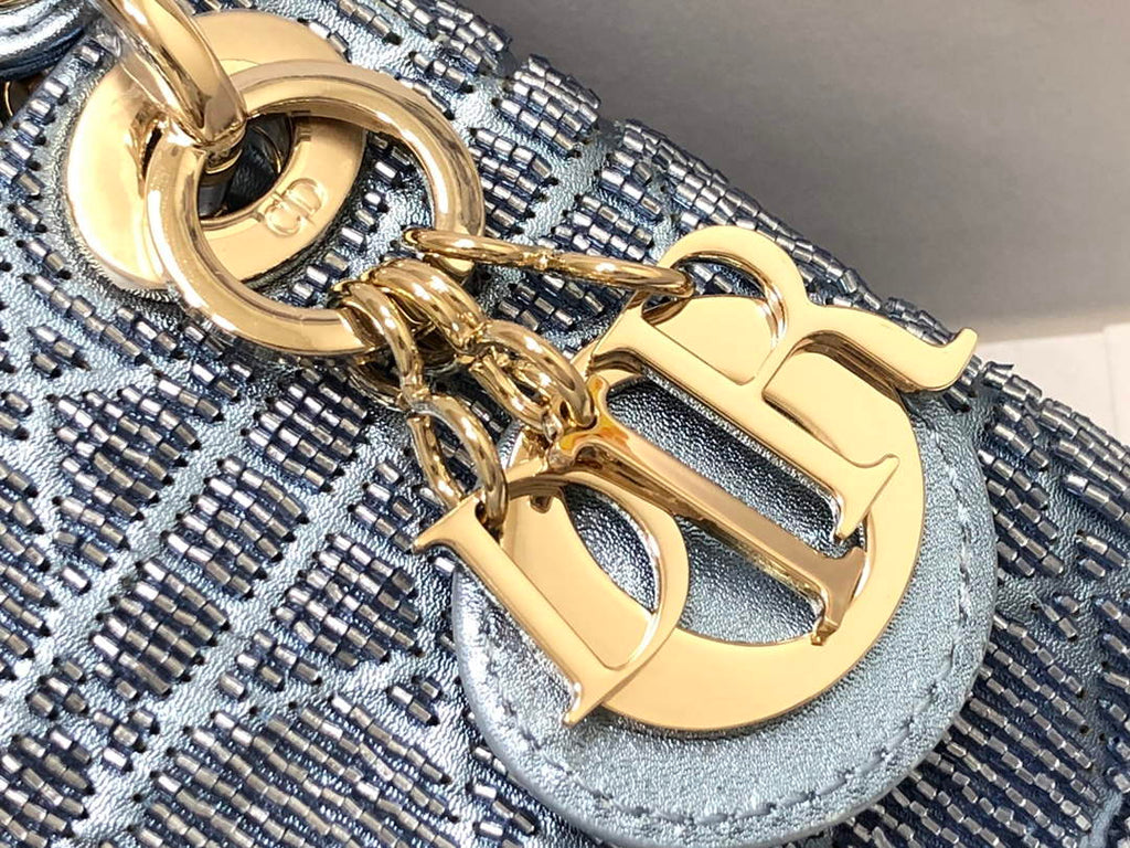 Dior S0856 MICRO LADY DIOR BAG Horizon Blue Metallic Cannage Lambskin Embroidered with Beads