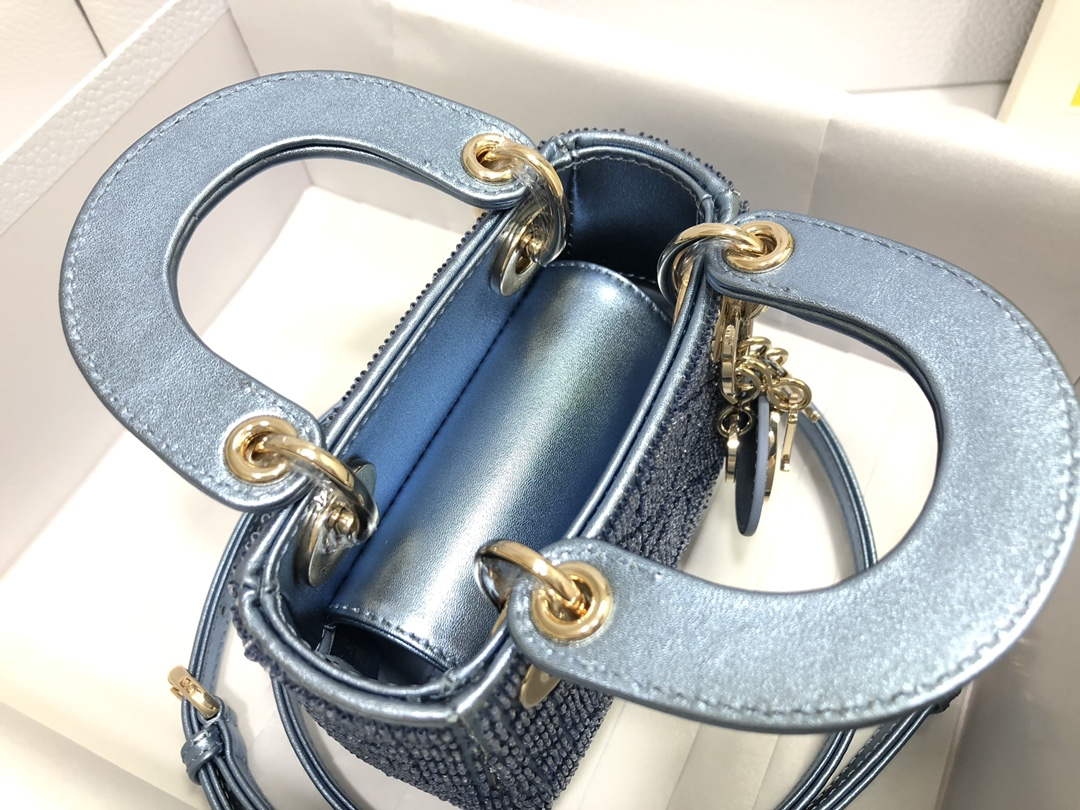 Dior S0856 MICRO LADY DIOR BAG Horizon Blue Metallic Cannage Lambskin Embroidered with Beads