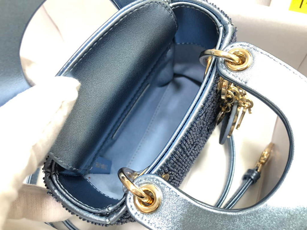 Dior S0856 MICRO LADY DIOR BAG Horizon Blue Metallic Cannage Lambskin Embroidered with Beads