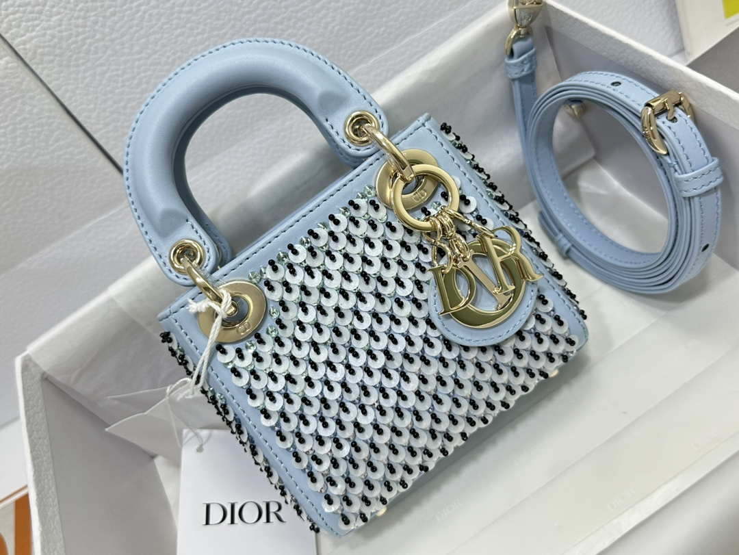Dior S0856 Micro Lady Dior Bag Horizon Blue Metallic Cannage Lambskin embroidery sequins - Default Title - View 1