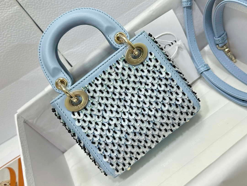 Dior S0856 Micro Lady Dior Bag Horizon Blue Metallic Cannage Lambskin embroidery sequins