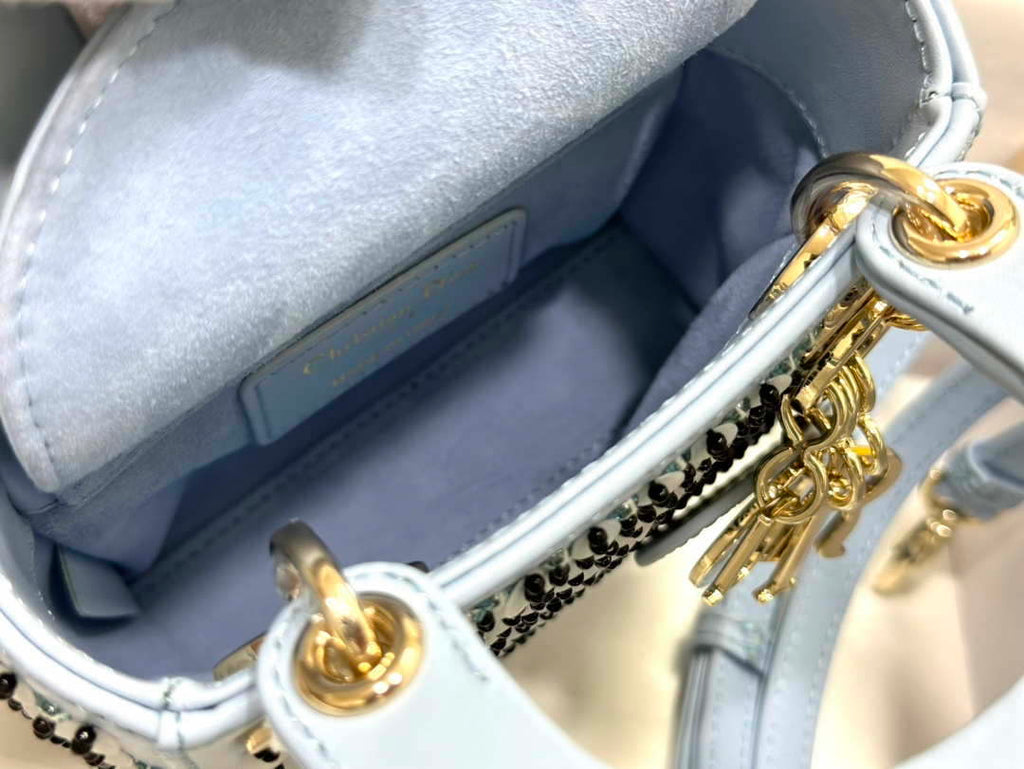 Dior S0856 Micro Lady Dior Bag Horizon Blue Metallic Cannage Lambskin embroidery sequins