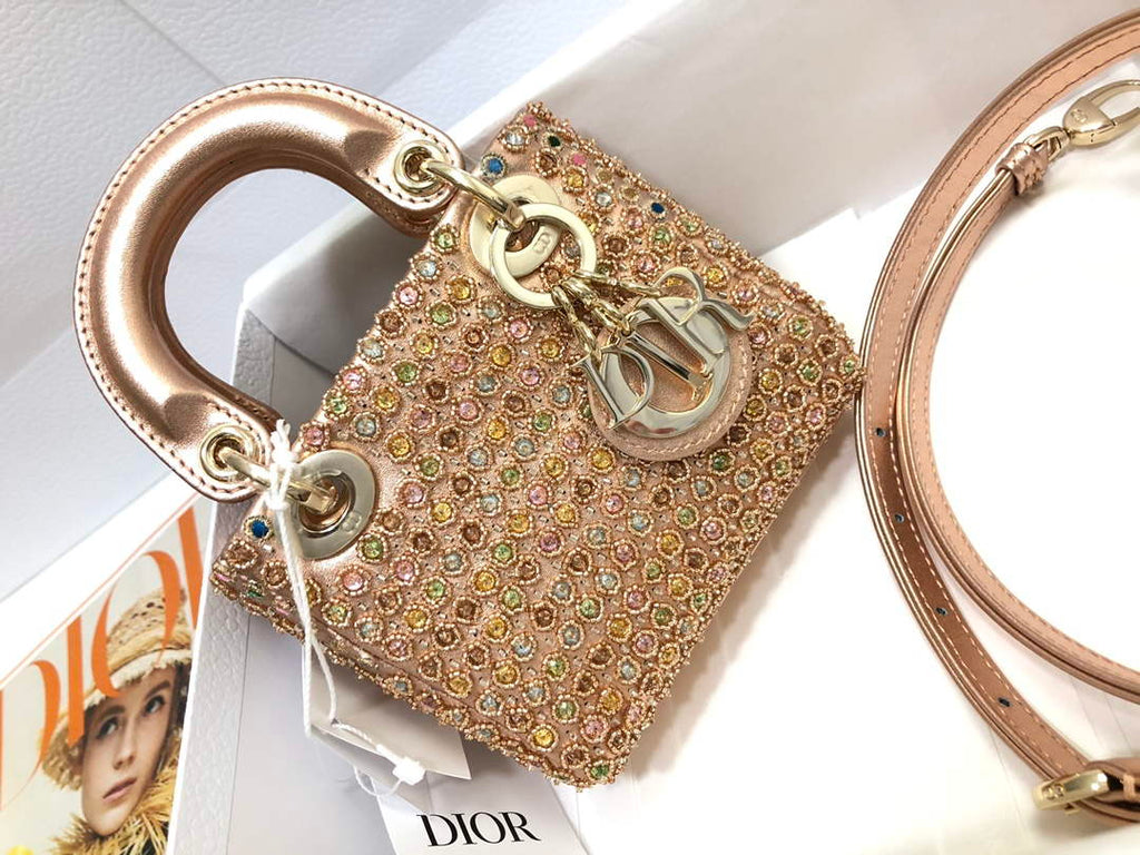Dior S0856 MICRO LADY DIOR BAG Horizon Gold Metallic Cannage Lambskin With Round Diamond