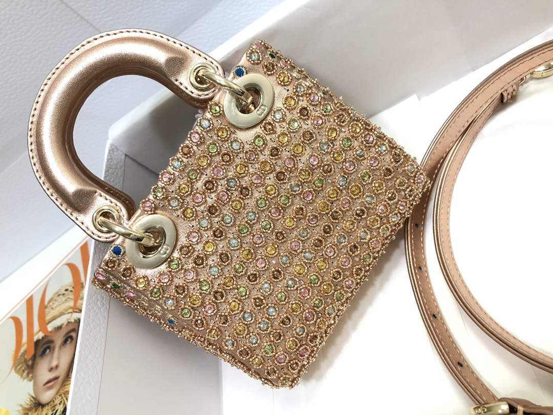 Dior S0856 MICRO LADY DIOR BAG Horizon Gold Metallic Cannage Lambskin With Round Diamond