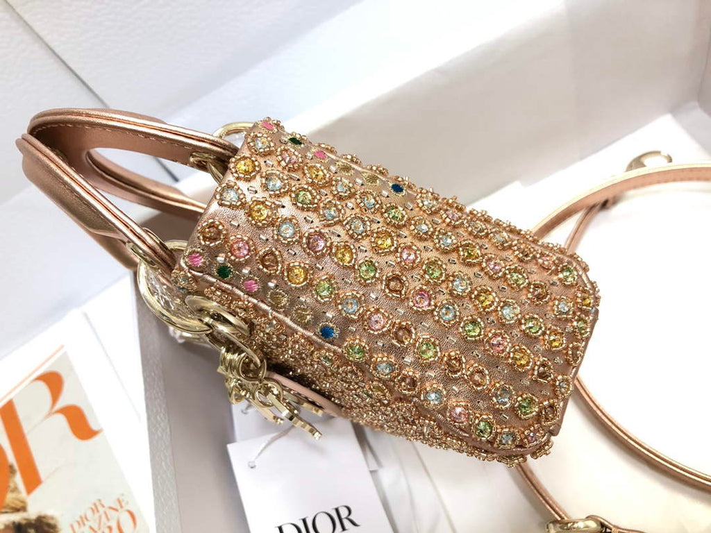 Dior S0856 MICRO LADY DIOR BAG Horizon Gold Metallic Cannage Lambskin With Round Diamond
