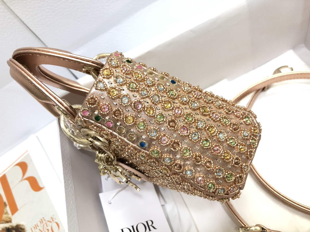 Dior S0856 MICRO LADY DIOR BAG Horizon Gold Metallic Cannage Lambskin With Round Diamond