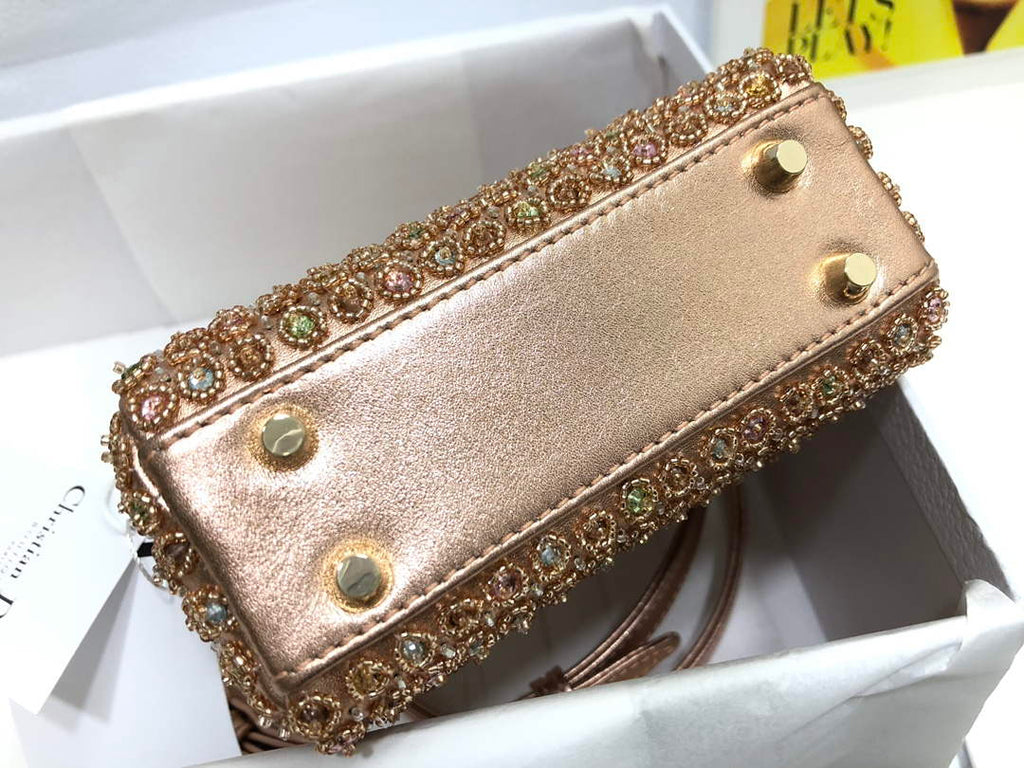 Dior S0856 MICRO LADY DIOR BAG Horizon Gold Metallic Cannage Lambskin With Round Diamond