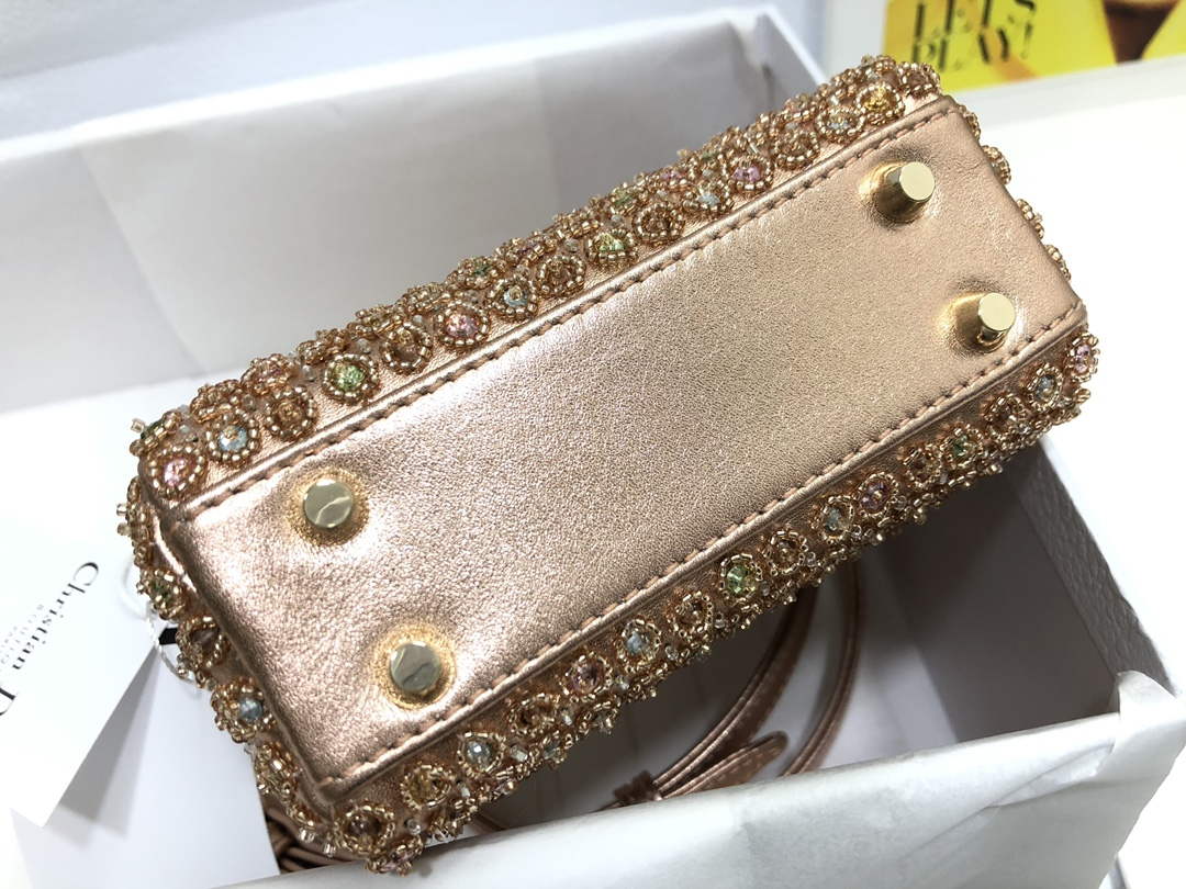 Dior S0856 MICRO LADY DIOR BAG Horizon Gold Metallic Cannage Lambskin With Round Diamond